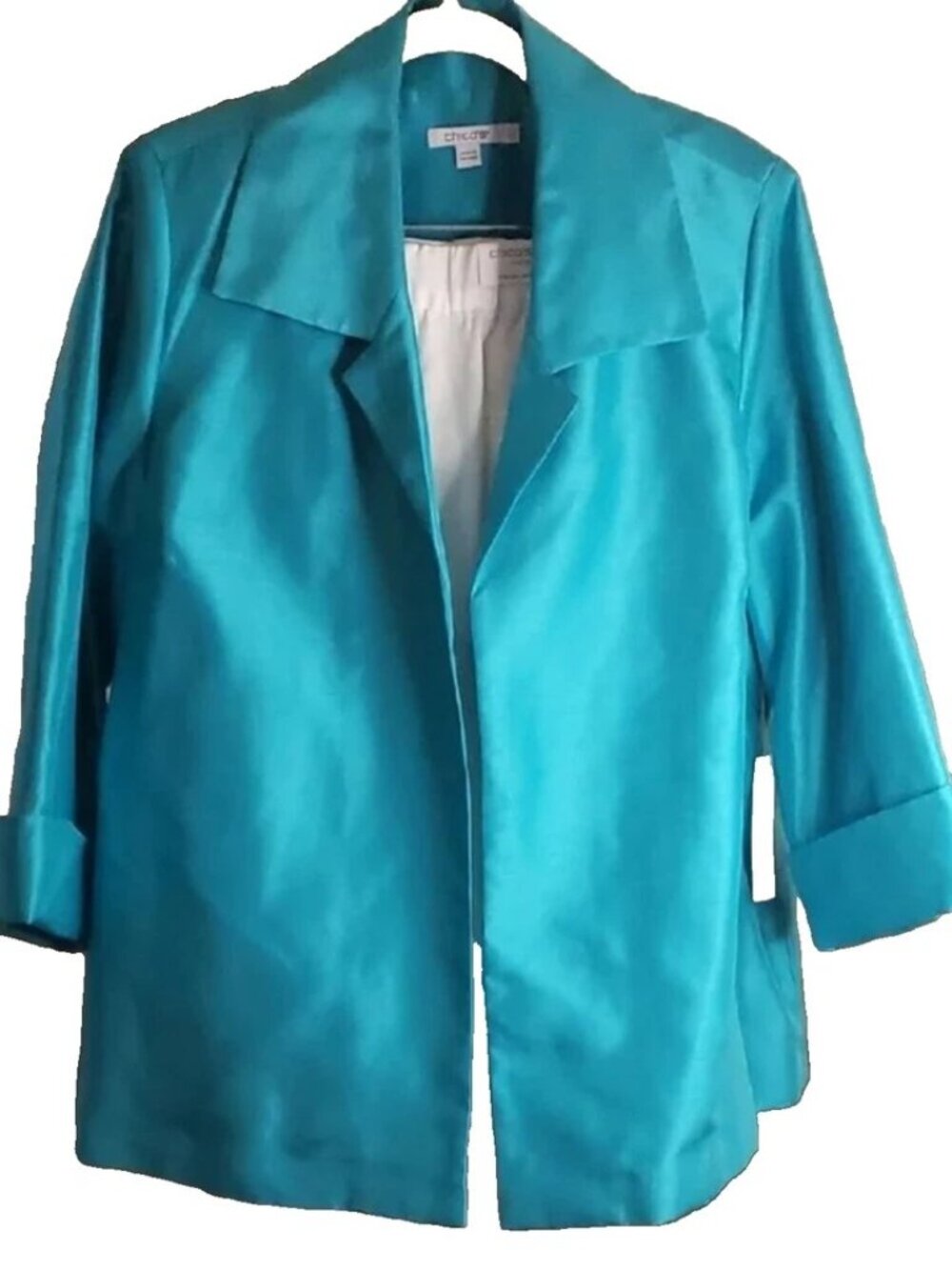 NWT Chico's Sz 2 L Shantung Mid Length Aqua Blue Topper Lined 28" Jacket $149